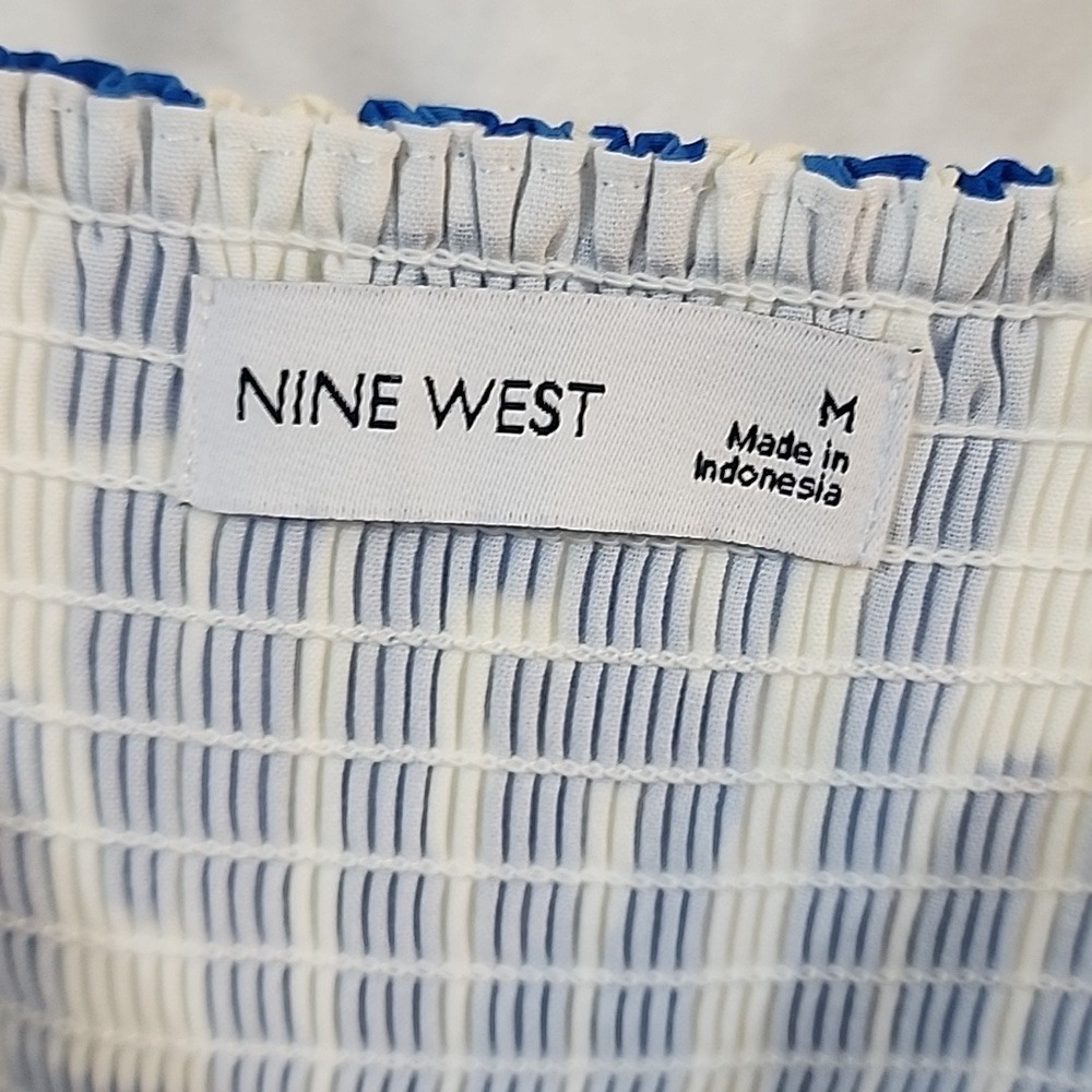 2 for $30 Nine West Midi Dress M Blue Geometric Print Smocked Pockets Vacation - Picture 4 of 11